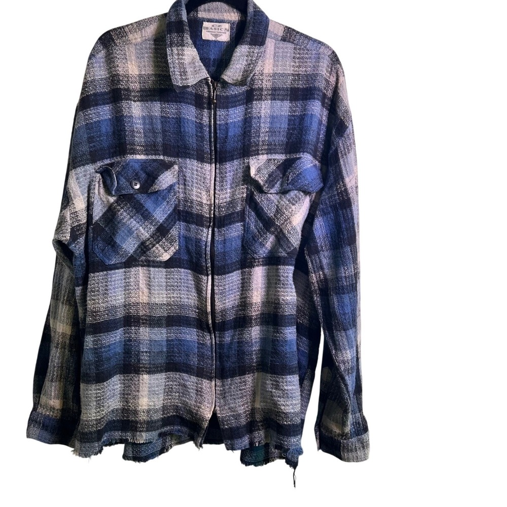 CZ Basics Plaid Flannel Zip Up Shirt Jacket Mens XL Distressed Shacket Plaid